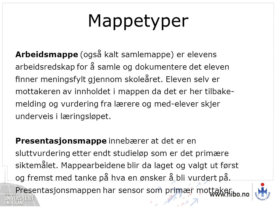 Mappetyper Arbeidsmappe (også kalt samlemappe) er elevens arbeidsredskap for å samle og dokumentere det eleven ﬁnner meningsfylt gjennom skoleåret.