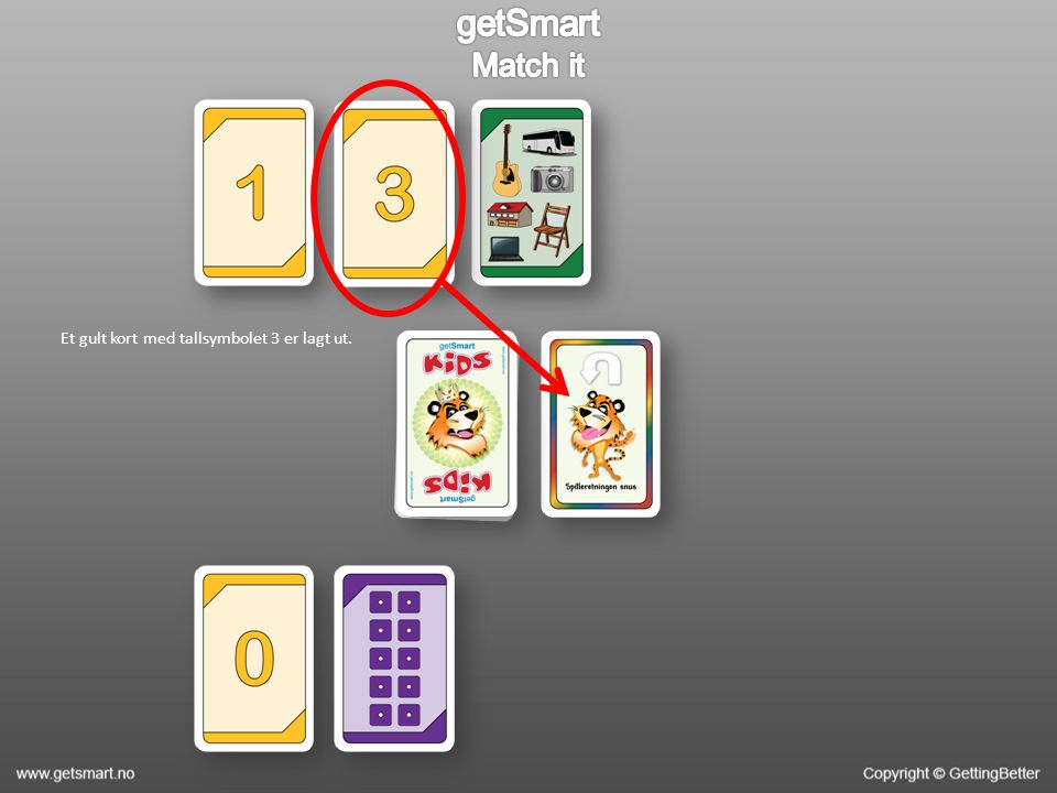 Et gult kort med tallsymbolet 3 er lagt ut.