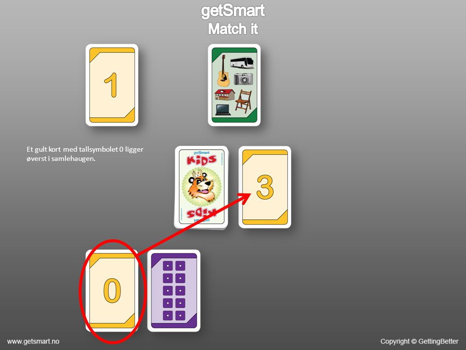 Et gult kort med tallsymbolet 0 ligger øverst i samlehaugen.