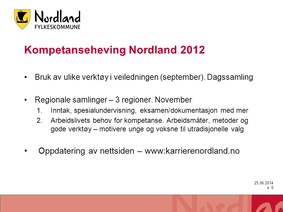 Kompetanseheving Nordland 2012 •Bruk av ulike verktøy i veiledningen (september).