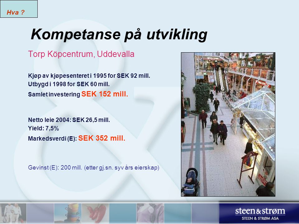Kompetanse på utvikling Torp Köpcentrum, Uddevalla Kjøp av kjøpesenteret i 1995 for SEK 92 mill.