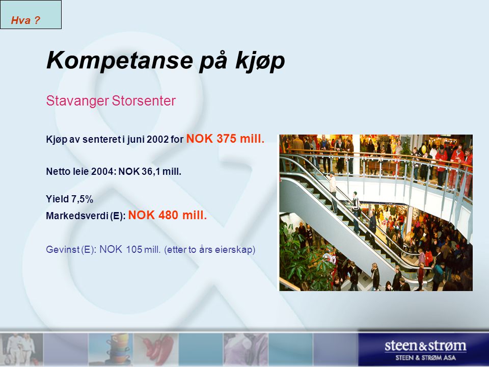 Kompetanse på kjøp Stavanger Storsenter Kjøp av senteret i juni 2002 for NOK 375 mill.