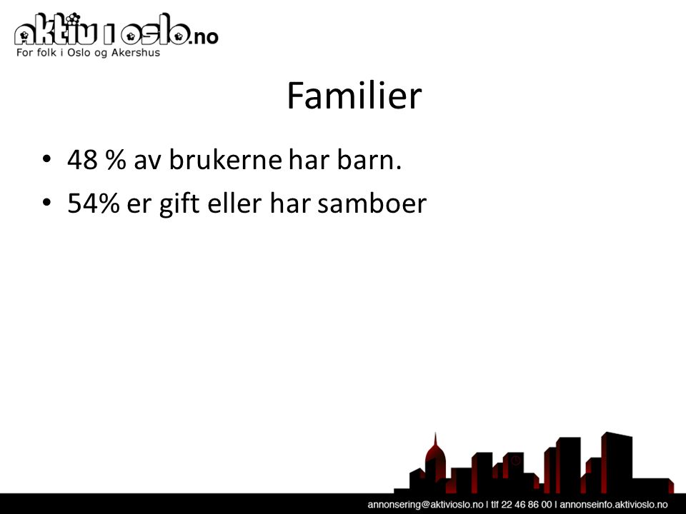 Familier • 48 % av brukerne har barn. • 54% er gift eller har samboer