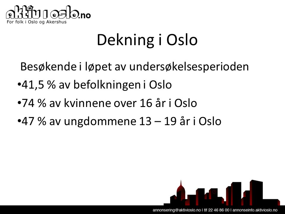 Dekning i Oslo Besøkende i løpet av undersøkelsesperioden • 41,5 % av befolkningen i Oslo • 74 % av kvinnene over 16 år i Oslo • 47 % av ungdommene 13 – 19 år i Oslo
