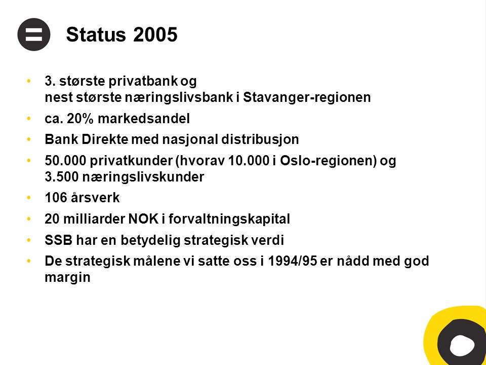 Status 2005 •3. største privatbank og nest største næringslivsbank i Stavanger-regionen •ca.
