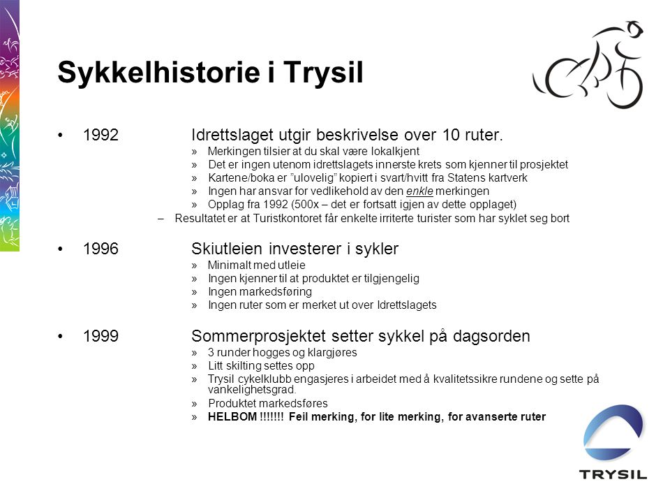 Sykkelhistorie i Trysil •1992Idrettslaget utgir beskrivelse over 10 ruter.