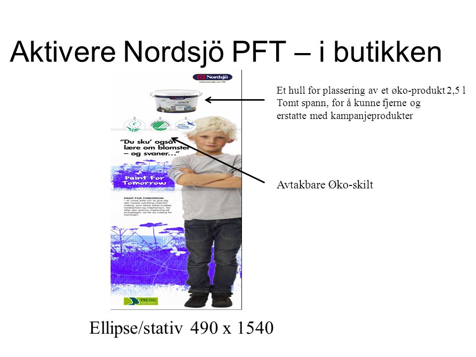 Aktivere Nordsjö PFT – i butikken Ellipse/stativ 490 x 1540 Et hull for plassering av et øko-produkt 2,5 l Tomt spann, for å kunne fjerne og erstatte med kampanjeprodukter Avtakbare Øko-skilt