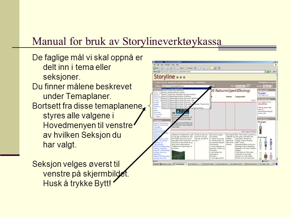 Manual for bruk av Storylineverktøykassa De faglige mål vi skal oppnå er delt inn i tema eller seksjoner.