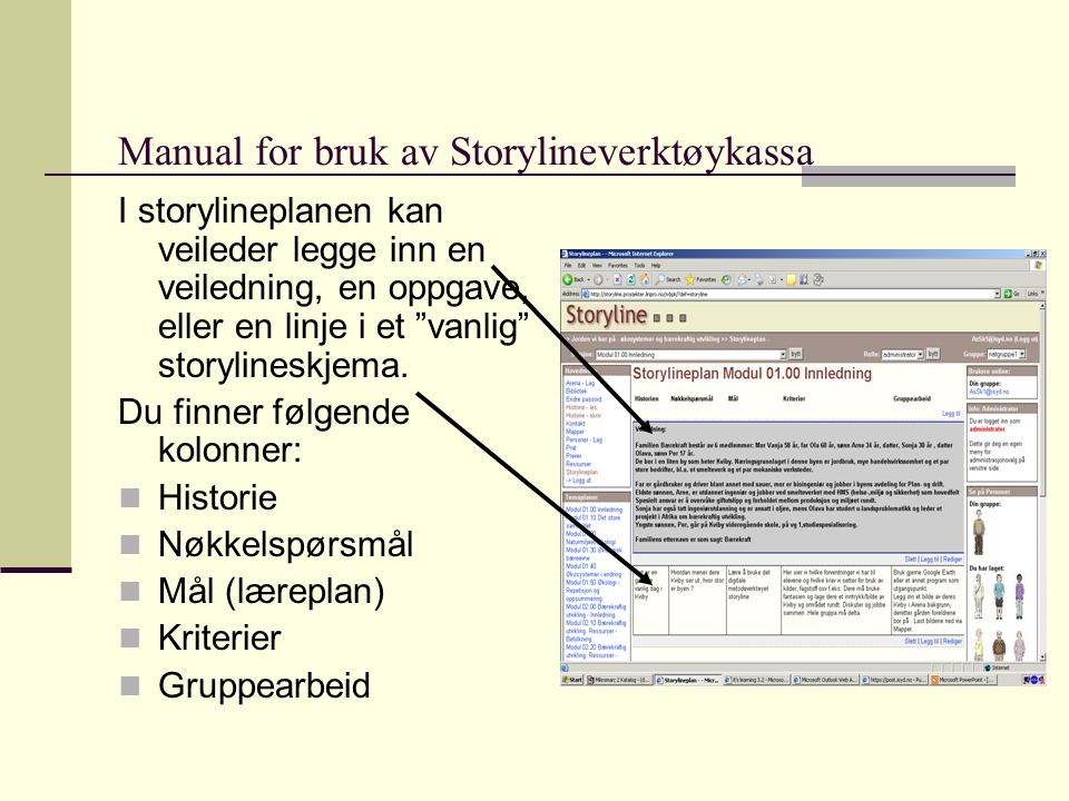 Manual for bruk av Storylineverktøykassa I storylineplanen kan veileder legge inn en veiledning, en oppgave, eller en linje i et vanlig storylineskjema.