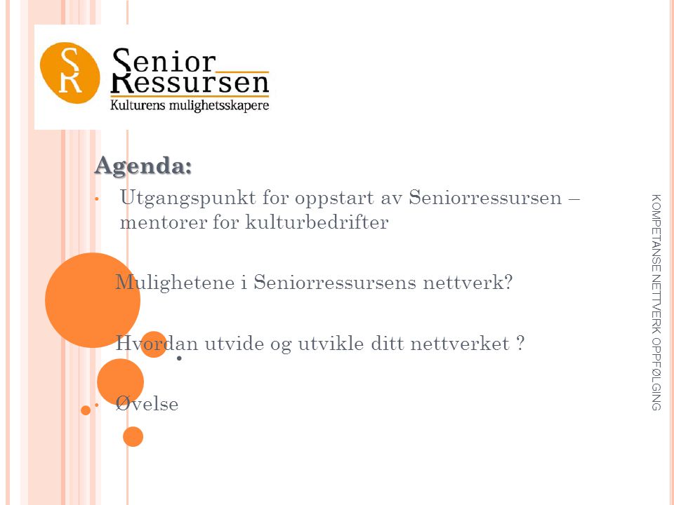 Agenda: • Utgangspunkt for oppstart av Seniorressursen – mentorer for kulturbedrifter • Mulighetene i Seniorressursens nettverk.
