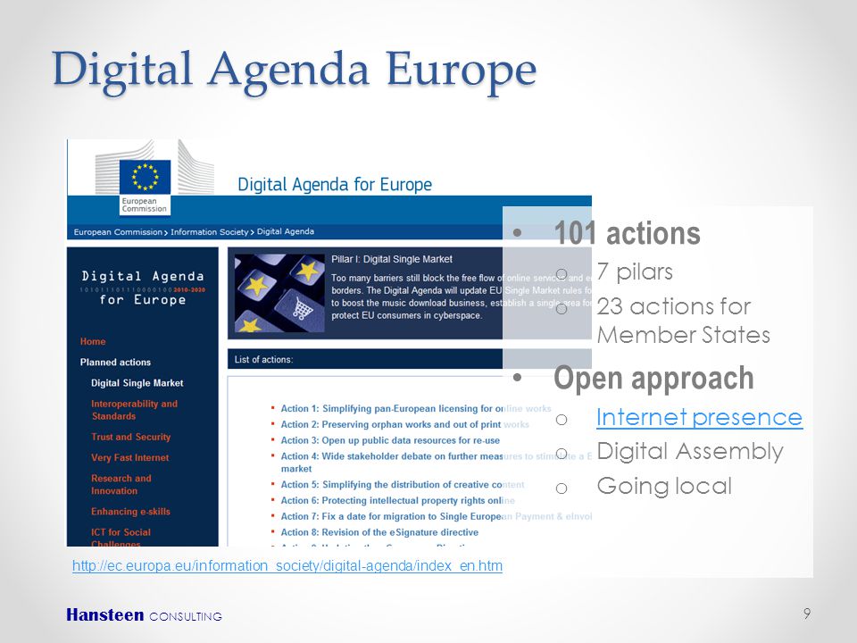 Digital Agenda Europe Hansteen CONSULTING 9 • 101 actions o 7 pilars o 23 actions for Member States • Open approach o Internet presence Internet presence o Digital Assembly o Going local