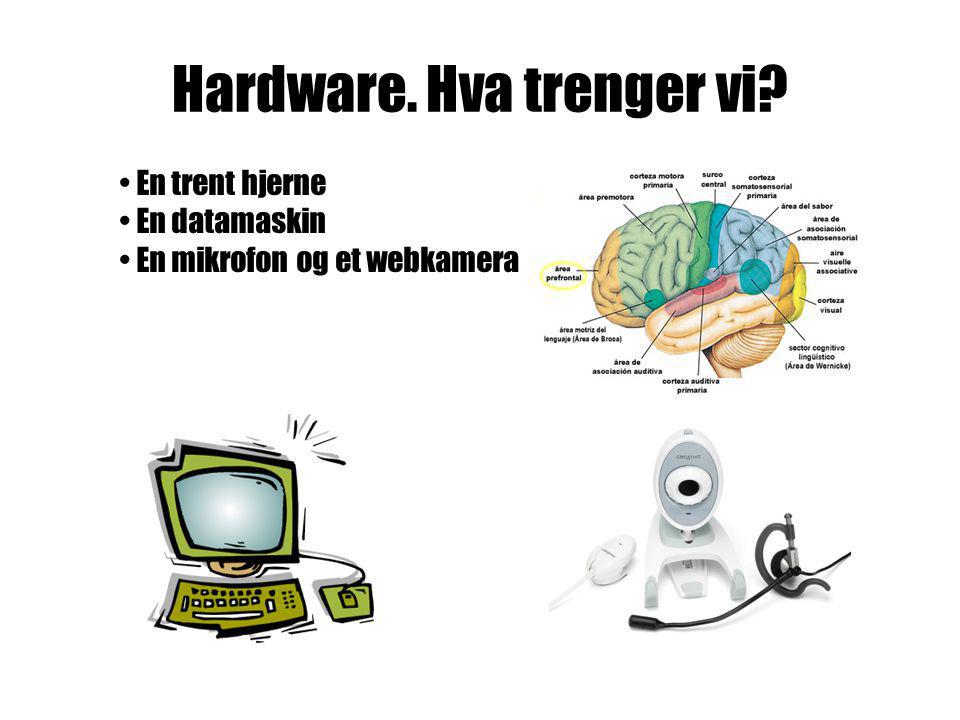 Hardware. Hva trenger vi • En trent hjerne • En datamaskin • En mikrofon og et webkamera