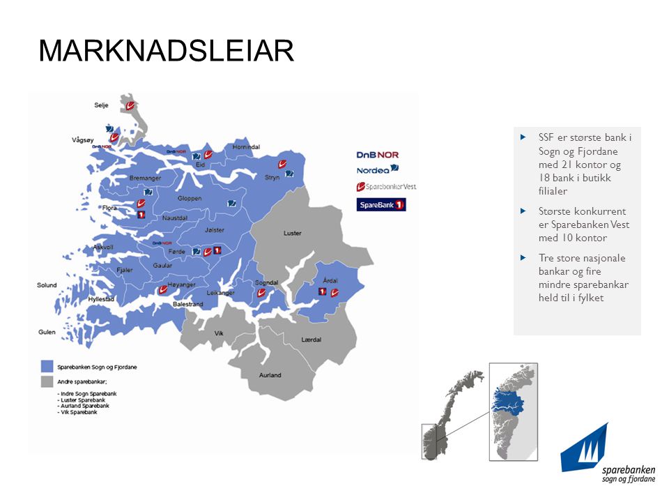MARKNADSLEIAR  SSF er største bank i Sogn og Fjordane med 21 kontor og 18 bank i butikk filialer  Største konkurrent er Sparebanken Vest med 10 kontor  Tre store nasjonale bankar og fire mindre sparebankar held til i fylket
