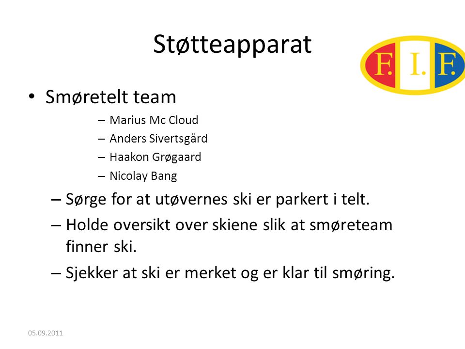 Støtteapparat • Smøretelt team – Marius Mc Cloud – Anders Sivertsgård – Haakon Grøgaard – Nicolay Bang – Sørge for at utøvernes ski er parkert i telt.