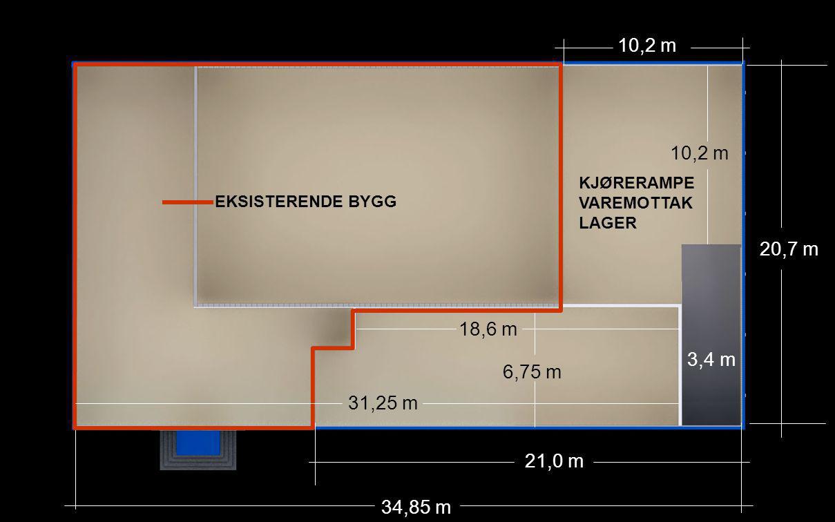 20,7 m 10,2 m 21,0 m 6,75 m 18,6 m 3,4 m 34,85 m EKSISTERENDE BYGG 31,25 m KJØRERAMPE VAREMOTTAK LAGER
