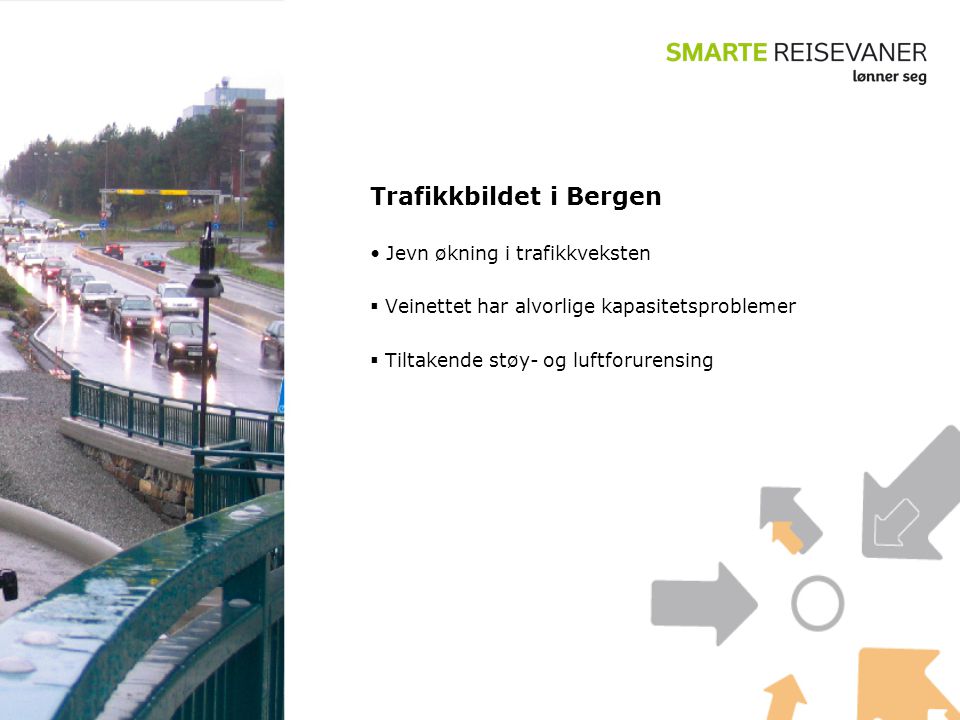 Trafikkbildet i Bergen • Jevn økning i trafikkveksten  Veinettet har alvorlige kapasitetsproblemer  Tiltakende støy- og luftforurensing