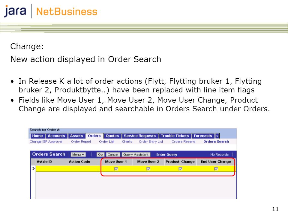 11 Change: New action displayed in Order Search •In Release K a lot of order actions (Flytt, Flytting bruker 1, Flytting bruker 2, Produktbytte..) have been replaced with line item flags •Fields like Move User 1, Move User 2, Move User Change, Product Change are displayed and searchable in Orders Search under Orders.