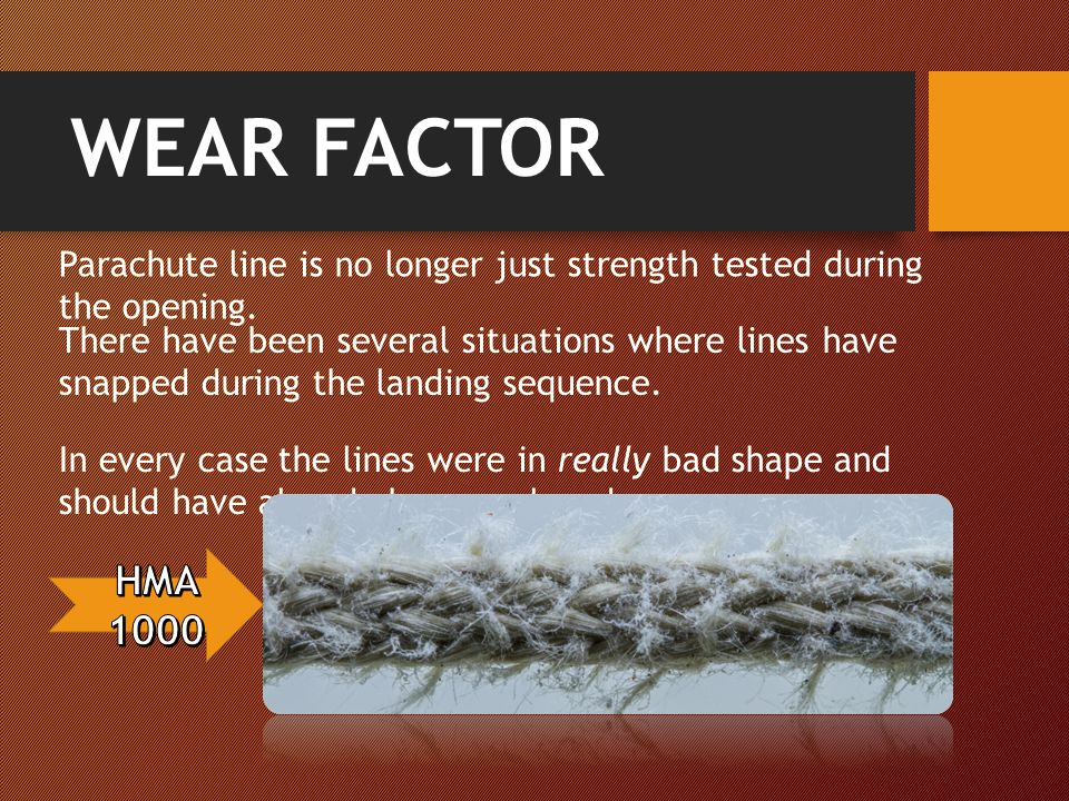 WEAR FACTOR Parachute line is no longer just strength tested during the opening.