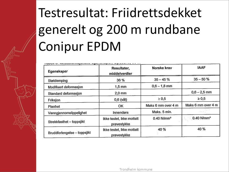 Testresultat: Friidrettsdekket generelt og 200 m rundbane Conipur EPDM Trondheim kommune