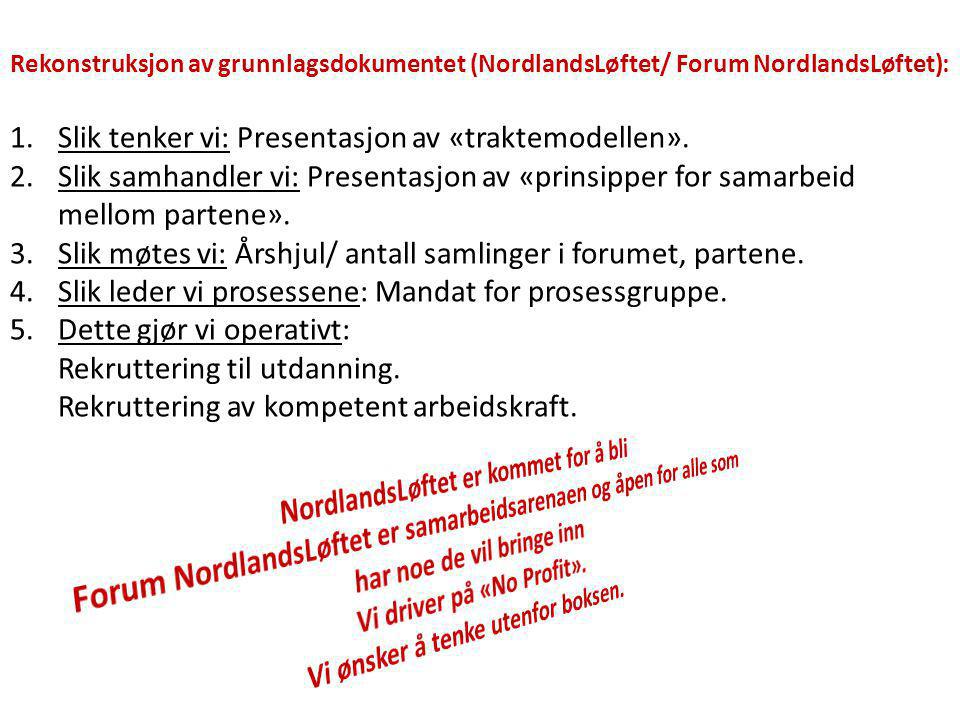 Rekonstruksjon av grunnlagsdokumentet (NordlandsLøftet/ Forum NordlandsLøftet): 1.Slik tenker vi: Presentasjon av «traktemodellen».