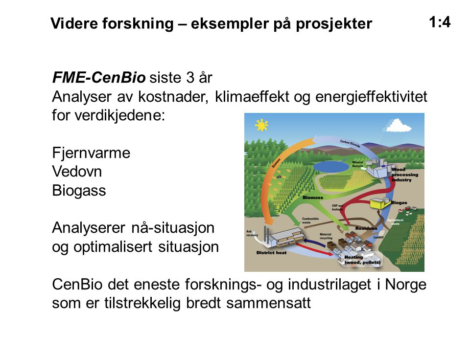 Videre forskning – eksempler på prosjekter 1:4 FME-CenBio siste 3 år Analyser av kostnader, klimaeffekt og energieffektivitet for verdikjedene: Fjernvarme Vedovn Biogass Analyserer nå-situasjon og optimalisert situasjon CenBio det eneste forsknings- og industrilaget i Norge som er tilstrekkelig bredt sammensatt