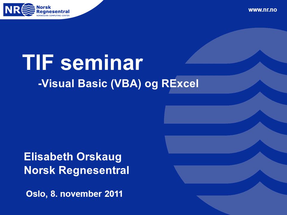 TIF seminar -Visual Basic (VBA) og RExcel Elisabeth Orskaug Norsk Regnesentral Oslo, 8.