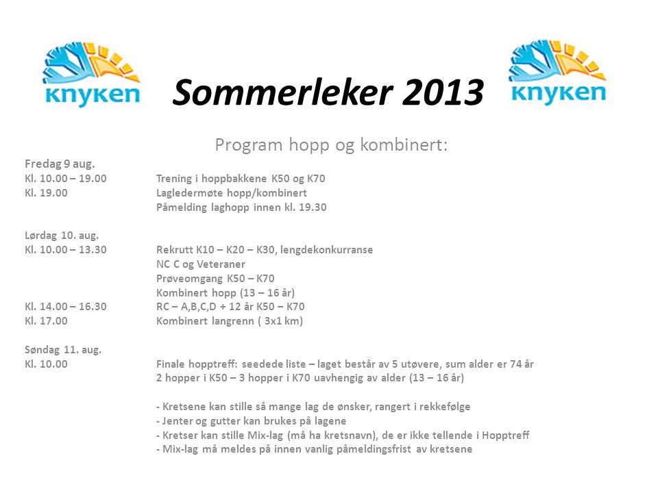 Sommerleker 2013 Program hopp og kombinert: Fredag 9 aug.