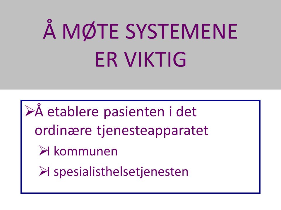 Å MØTE SYSTEMENE ER VIKTIG  Å etablere pasienten i det ordinære tjenesteapparatet  I kommunen  I spesialisthelsetjenesten