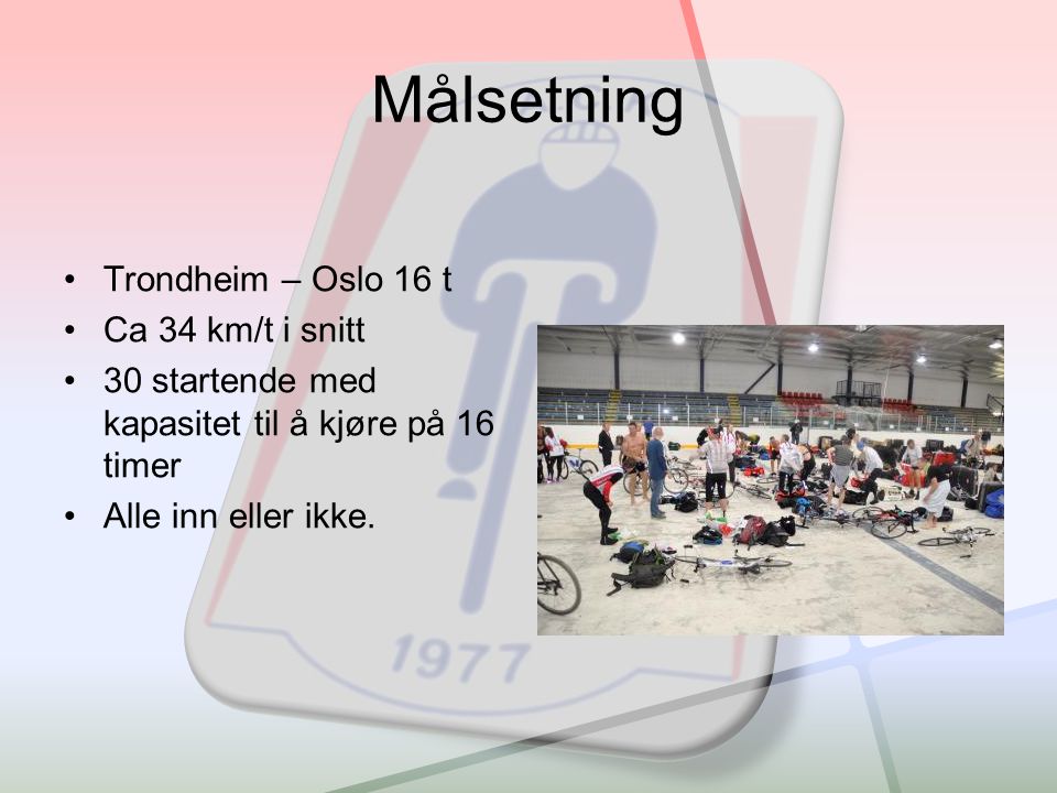 Målsetning •Trondheim – Oslo 16 t •Ca 34 km/t i snitt •30 startende med kapasitet til å kjøre på 16 timer •Alle inn eller ikke.