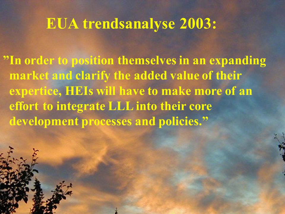 EUA trendsanalyse 2003: In order to position themselves in an expanding market and clarify the added value of their expertice, HEIs will have to make more of an effort to integrate LLL into their core development processes and policies.