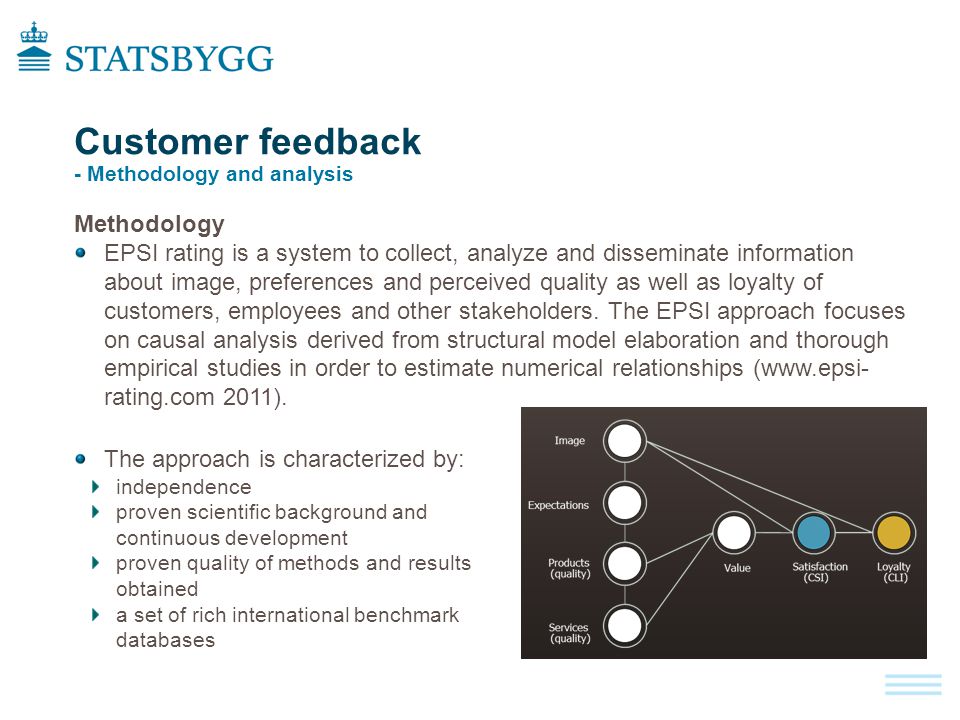 Customer feedback - Methodology and analysis Methodology EPSI rating is a system to collect, analyze and disseminate information about image, preferences and perceived quality as well as loyalty of customers, employees and other stakeholders.