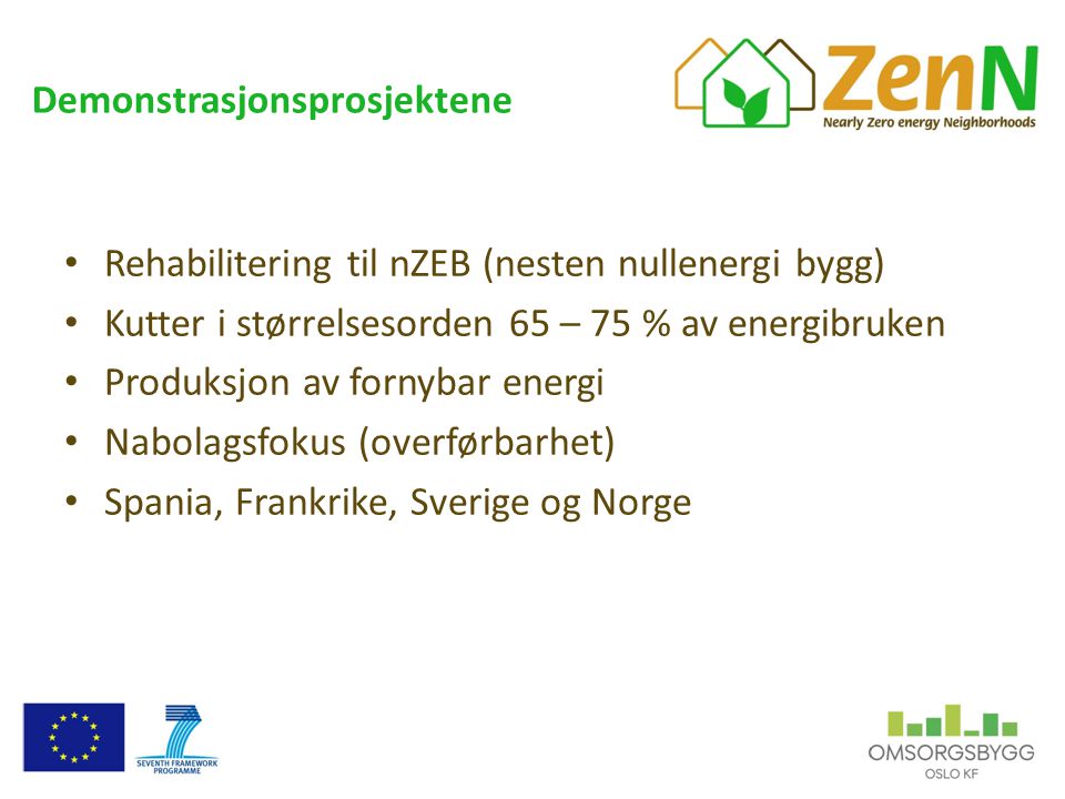 Demonstrasjonsprosjektene • Rehabilitering til nZEB (nesten nullenergi bygg) • Kutter i størrelsesorden 65 – 75 % av energibruken • Produksjon av fornybar energi • Nabolagsfokus (overførbarhet) • Spania, Frankrike, Sverige og Norge