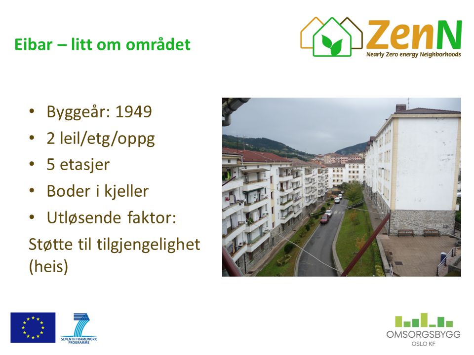 Eibar – litt om området • Byggeår: 1949 • 2 leil/etg/oppg • 5 etasjer • Boder i kjeller • Utløsende faktor: Støtte til tilgjengelighet (heis)