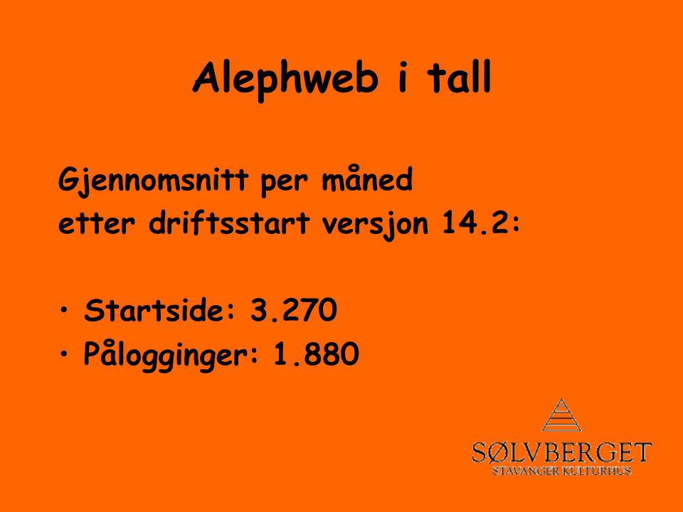 Alephweb i tall Gjennomsnitt per måned etter driftsstart versjon 14.2: •Startside: •Pålogginger: 1.880