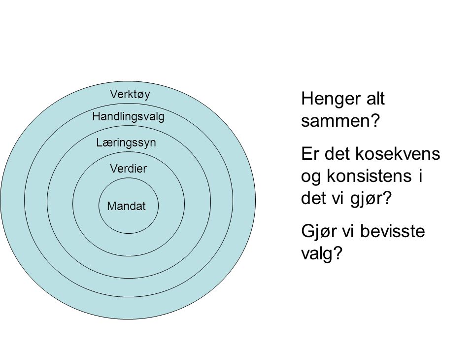 Mandat Verdier Læringssyn Handlingsvalg Verktøy Henger alt sammen.