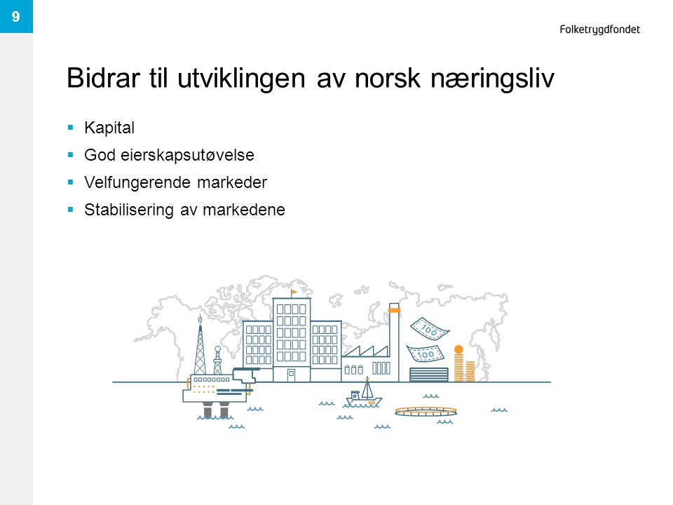 Bidrar til utviklingen av norsk næringsliv  Kapital  God eierskapsutøvelse  Velfungerende markeder  Stabilisering av markedene 9