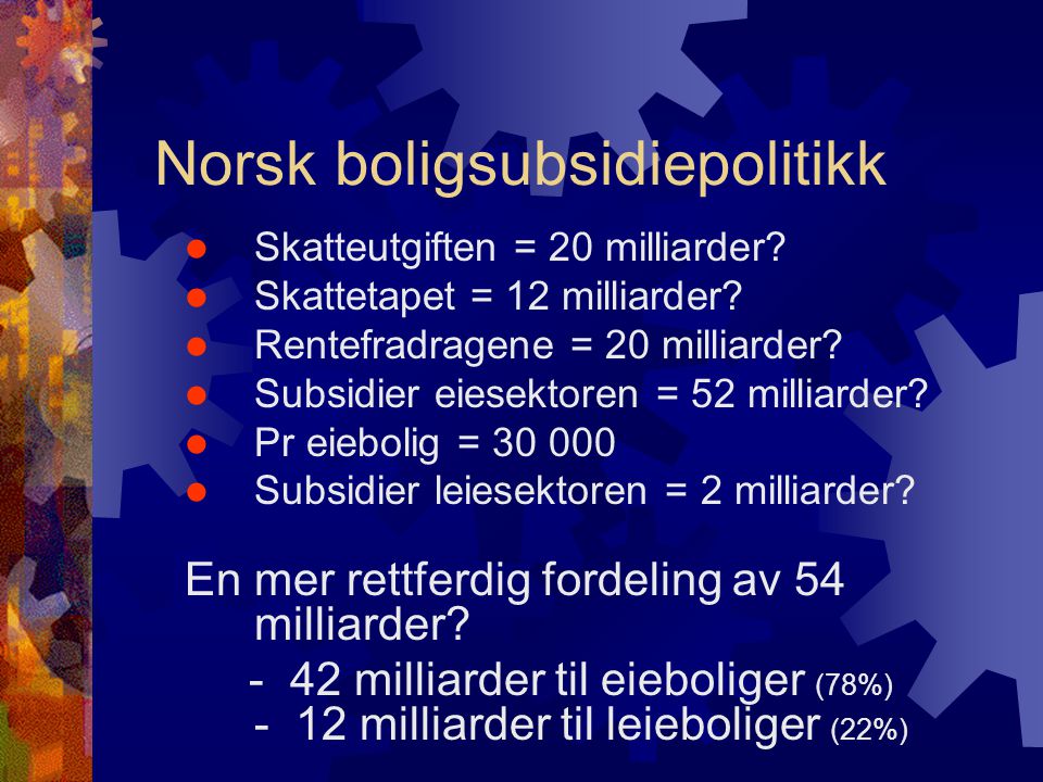 Norsk boligsubsidiepolitikk  Skatteutgiften = 20 milliarder.