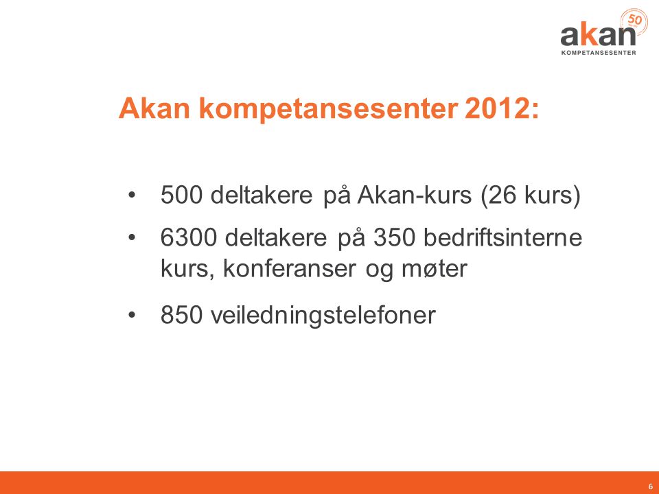 Akan kompetansesenter 2012: •500 deltakere på Akan-kurs (26 kurs) •6300 deltakere på 350 bedriftsinterne kurs, konferanser og møter •850 veiledningstelefoner 6