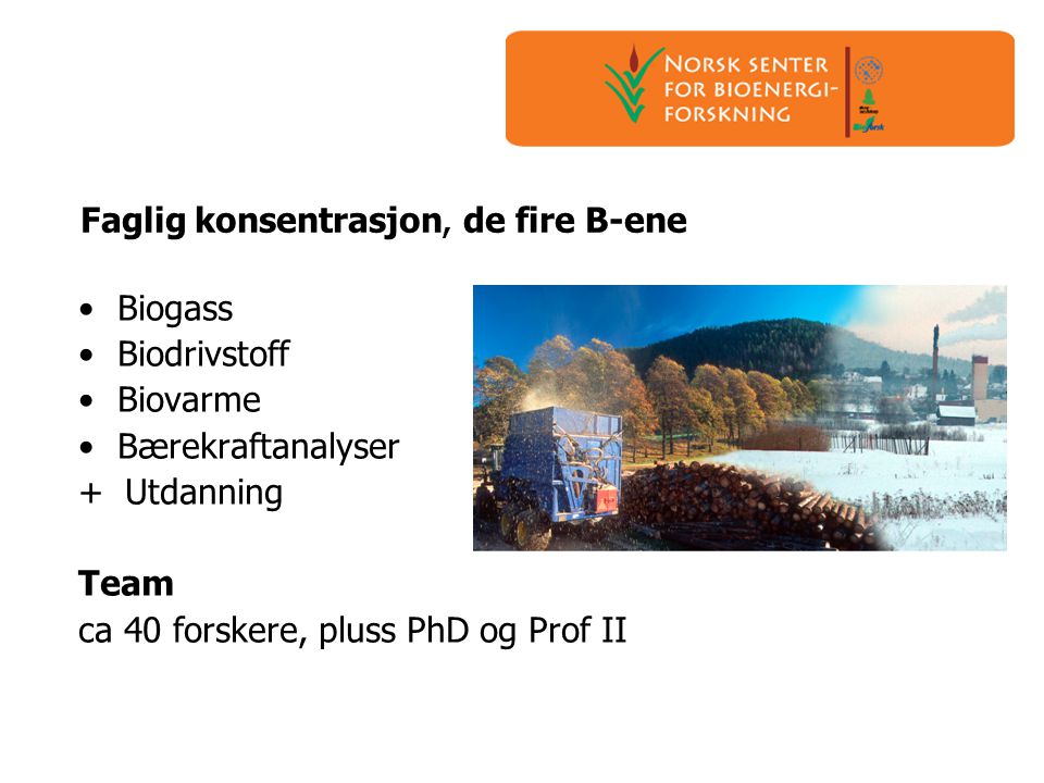 Faglig konsentrasjon, de fire B-ene •Biogass •Biodrivstoff •Biovarme •Bærekraftanalyser + Utdanning Team ca 40 forskere, pluss PhD og Prof II
