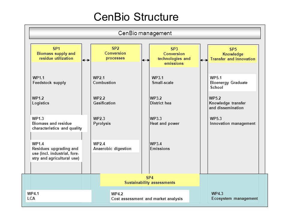 CenBio Structure WP1.1 Feedstock supply CenBio management WP1.2 Logistics WP1.3 Biomass and residue characteristics and quality WP2.1 Combustion SP1 Biomass supply and residue utilization SP2 Conversion processes WP2.3 Pyrolysis WP2.2 Gasification WP2.4 Anaerobic digestion WP3.1 Small-scale SP3 Conversion technologies and emissions WP3.2 District hea WP3.3 Heat and power SP5 Knowledge Transfer and innovation WP5.1 Bioenergy Graduate School WP5.2 Knowledge transfer and dissemination WP5.3 Innovation management SP4 Sustainability assessments WP4.1 LCA WP4.2 Cost assessment and market analysis WP4.3 Ecosystem management WP3.4 Emissions WP1.4 Residues upgrading and use (incl.