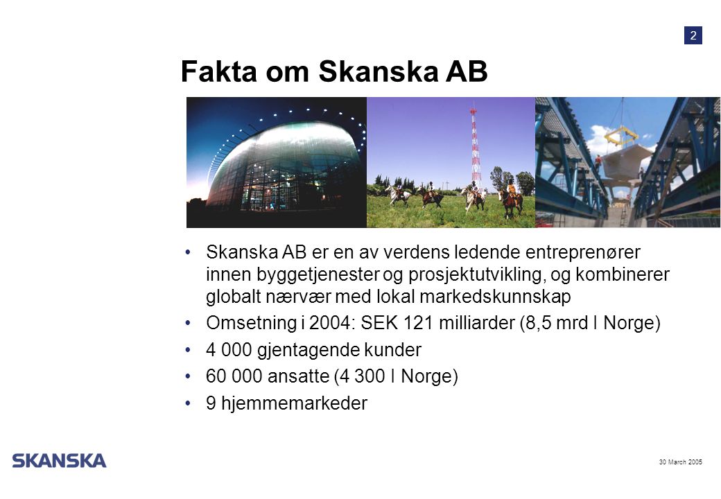 2 30 March 2005 Fakta om Skanska AB •Skanska AB er en av verdens ledende entreprenører innen byggetjenester og prosjektutvikling, og kombinerer globalt nærvær med lokal markedskunnskap •Omsetning i 2004: SEK 121 milliarder (8,5 mrd I Norge) •4 000 gjentagende kunder • ansatte (4 300 I Norge) •9 hjemmemarkeder