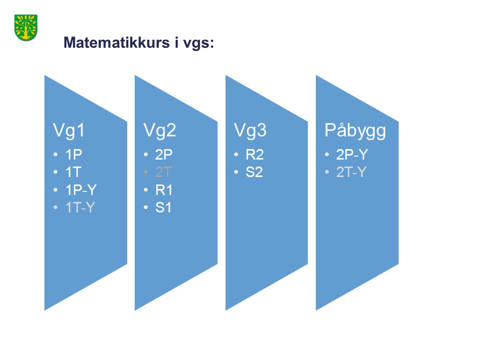 Matematikkurs i vgs: Vg1 •1P •1T •1P-Y •1T-Y Vg2 •2P •2T •R1 •S1 Vg3 •R2 •S2 Påbygg •2P-Y •2T-Y