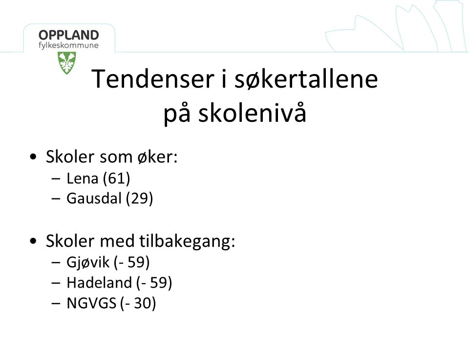 Tendenser i søkertallene på skolenivå •Skoler som øker: –Lena (61) –Gausdal (29) •Skoler med tilbakegang: –Gjøvik (- 59) –Hadeland (- 59) –NGVGS (- 30)