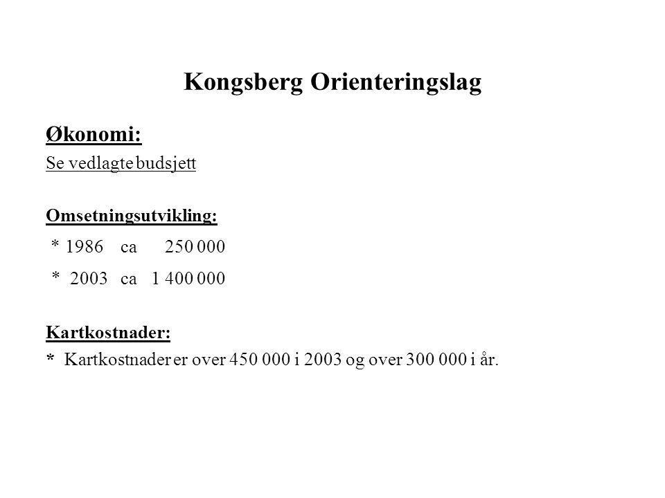 Kongsberg Orienteringslag Økonomi: Se vedlagte budsjett Omsetningsutvikling: * 1986 ca * 2003 ca Kartkostnader: * Kartkostnader er over i 2003 og over i år.