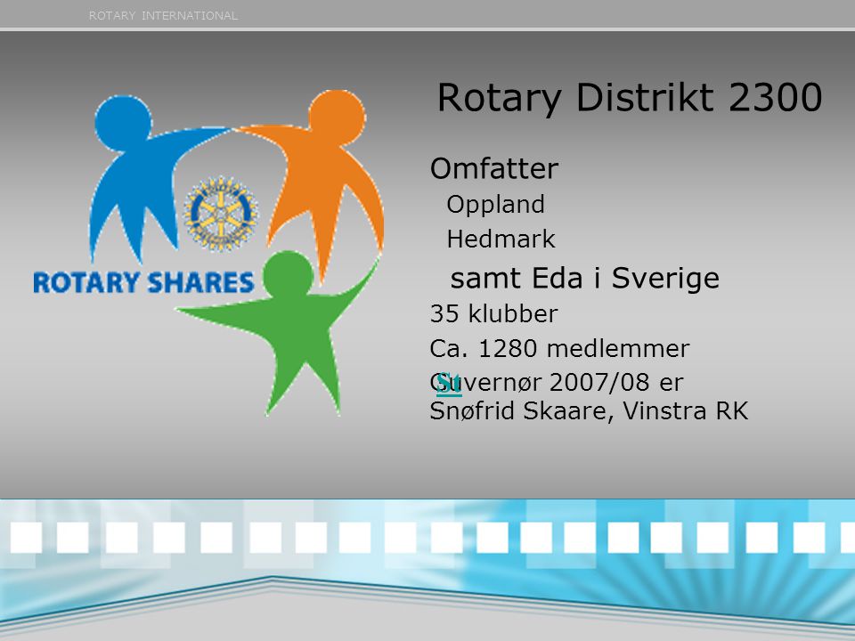 ROTARY INTERNATIONAL Rotary Distrikt 2300 Omfatter Oppland Hedmark samt Eda i Sverige 35 klubber Ca.