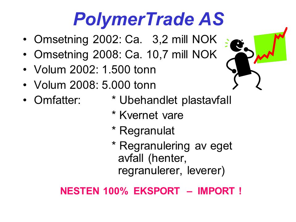 PolymerTrade AS •Omsetning 2002: Ca. 3,2 mill NOK •Omsetning 2008: Ca.