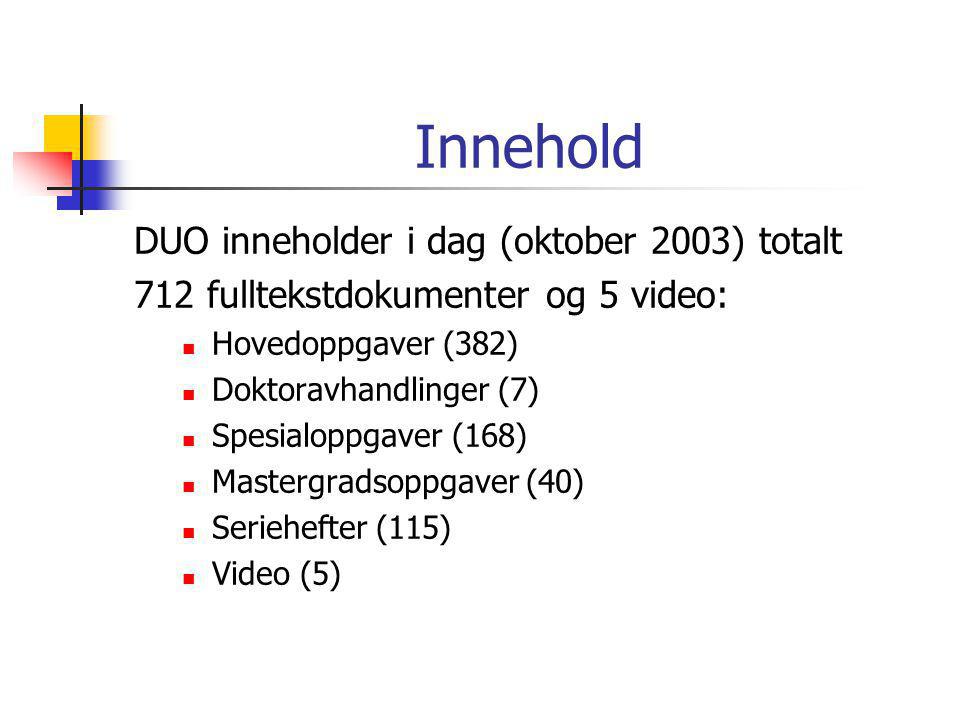 Innehold DUO inneholder i dag (oktober 2003) totalt 712 fulltekstdokumenter og 5 video:  Hovedoppgaver (382)  Doktoravhandlinger (7)  Spesialoppgaver (168)  Mastergradsoppgaver (40)  Seriehefter (115)  Video (5)