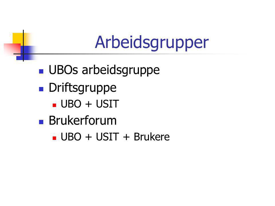 Arbeidsgrupper  UBOs arbeidsgruppe  Driftsgruppe  UBO + USIT  Brukerforum  UBO + USIT + Brukere