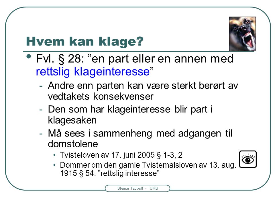 Steinar Taubøll - UMB Oversikt over saksgangen • Førsteinstansen sender saken til klageinstansen – evt.