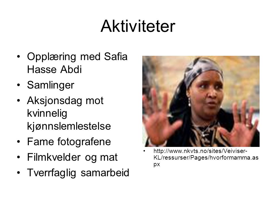 Aktiviteter •Opplæring med Safia Hasse Abdi •Samlinger •Aksjonsdag mot kvinnelig kjønnslemlestelse •Fame fotografene •Filmkvelder og mat •Tverrfaglig samarbeid •  KL/ressurser/Pages/hvorformamma.as px